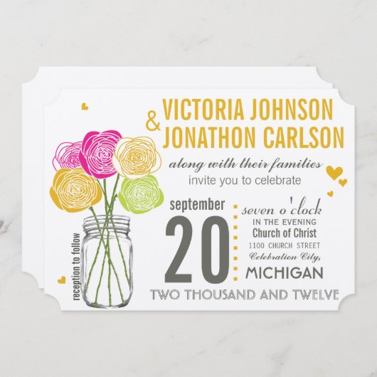 ピンクアンドイエローローズモダンタイポグラフィ結婚ズ 招待状 (正面/裏面)