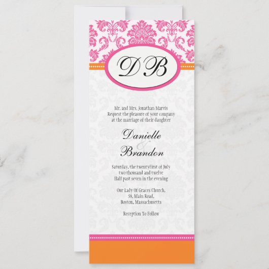ピンクアンドオレンジダマスクモノグラム結婚式招待状 招待状 (正面)