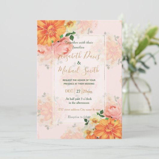 ピンクアンドオレンジフローラアートデザイン 招待状 (スタンド正面)