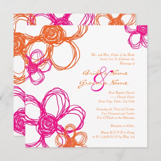 ピンクアンドオレンジワイルドフラワーズ結婚式招待状 招待状 (正面/裏面)