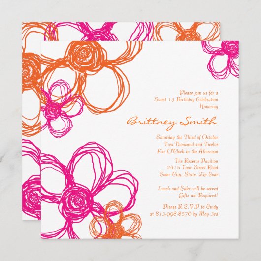 ピンクアンドオレンジワイルドフラワーズ誕生日招待状 招待状 (正面/裏面)
