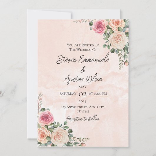 ピンクアンドクリームフローラ結婚式招待状 招待状 (正面)