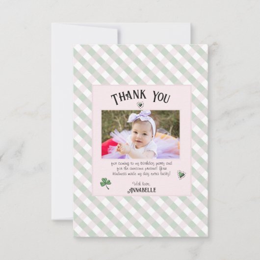 ピンクアンドグリーンアイルランド子供の誕生日 サンキューカード (正面)