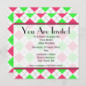 ピンクアンドグリーンアーガイル柄の誕生日招待状 招待状 (正面/裏面)