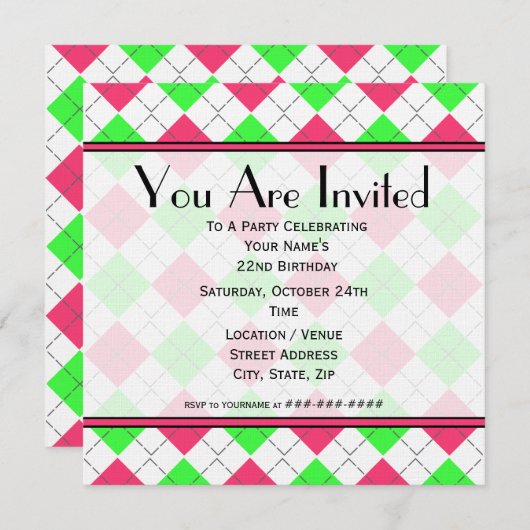 ピンクアンドグリーンアーガイル柄の誕生日招待状 招待状 (正面/裏面)