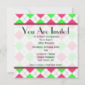 ピンクアンドグリーンアーガイル柄の誕生日招待状 招待状 (正面)