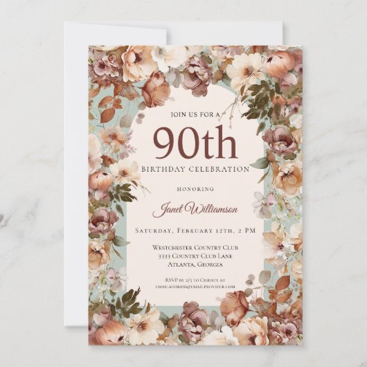 ピンクアンドグリーンガーデンフローラアーチ90誕生日 招待状 (正面)