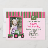 ピンクアンドグリーンガールトラクタ誕生日招待状 招待状 (正面)