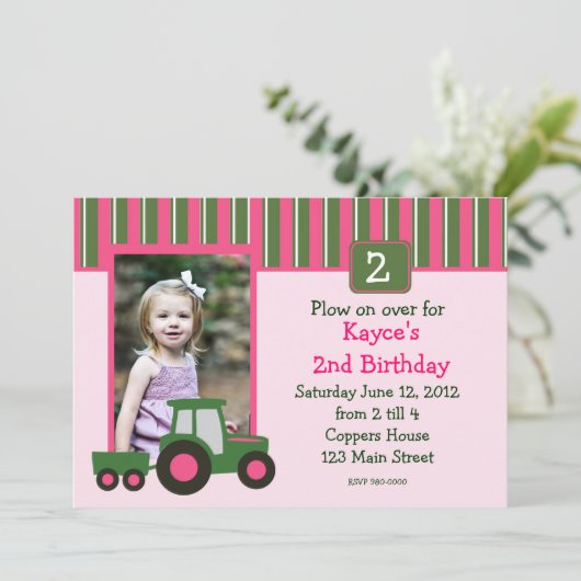 ピンクアンドグリーンガールトラクタ誕生日招待状 招待状 (スタンド正面)