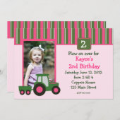 ピンクアンドグリーンガールトラクタ誕生日招待状 招待状 (正面/裏面)