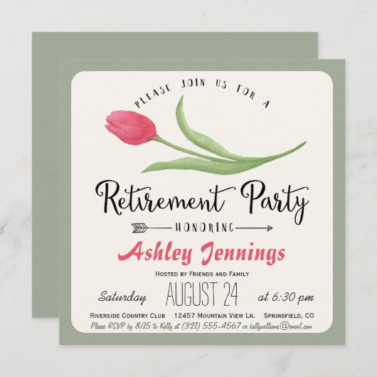 ピンクアンドグリーンチューリップリタイオメントパーティの招待状 招待状 (正面/裏面)