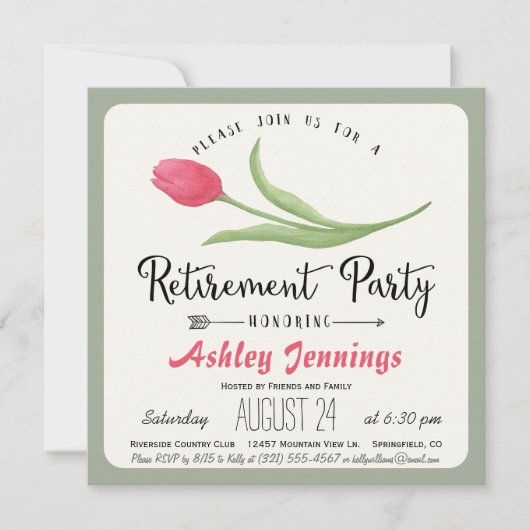 ピンクアンドグリーンチューリップリタイオメントパーティの招待状 招待状 (正面)