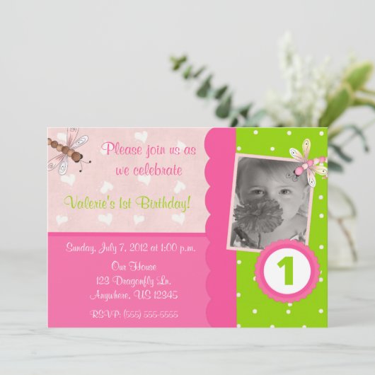 ピンクアンドグリーントンボガールズ誕生日招待状 招待状 (スタンド正面)