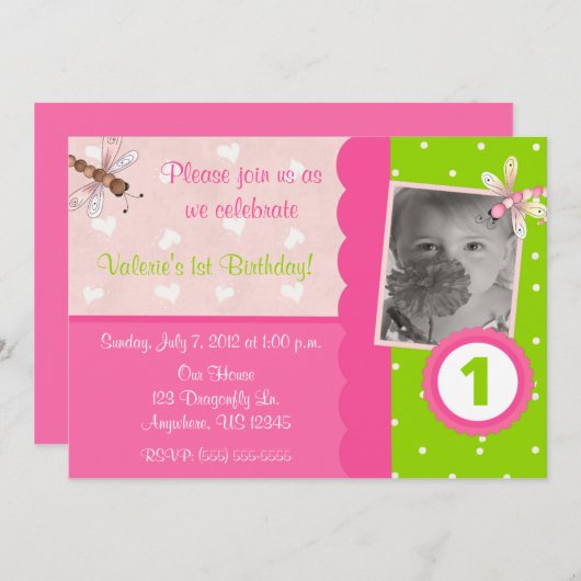 ピンクアンドグリーントンボガールズ誕生日招待状 招待状 (正面/裏面)