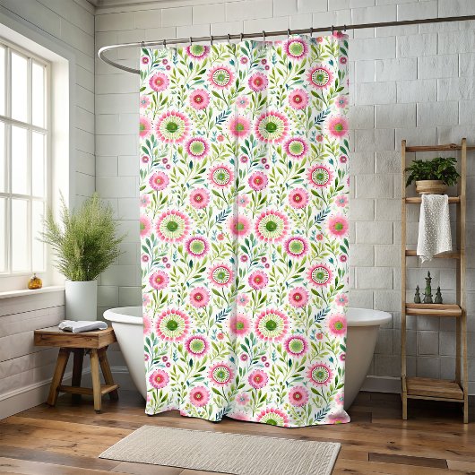 ピンクアンドグリーンフローラコテージコアシャワーカーテン シャワーカーテン