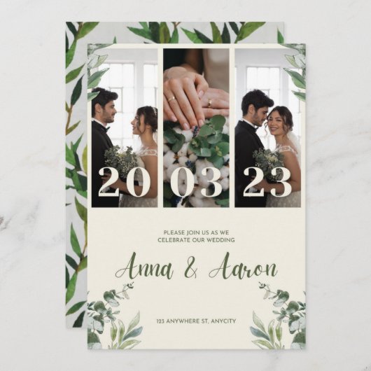 ピンクアンドグリーンミニマル結婚式招待状 招待状 (正面/裏面)