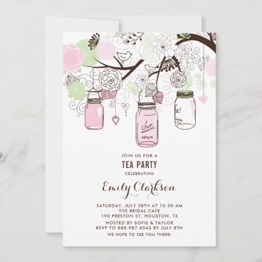 ピンクアンドグリーンメイソンジャースフローラブライダルティーパーティー 招待状 (正面)