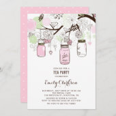 ピンクアンドグリーンメイソンジャースフローラブライダルティーパーティー 招待状 (正面/裏面)