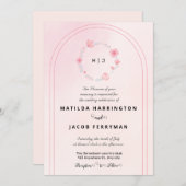 ピンクアンドグリーンモノグラムフローラリース 招待状 (正面/裏面)