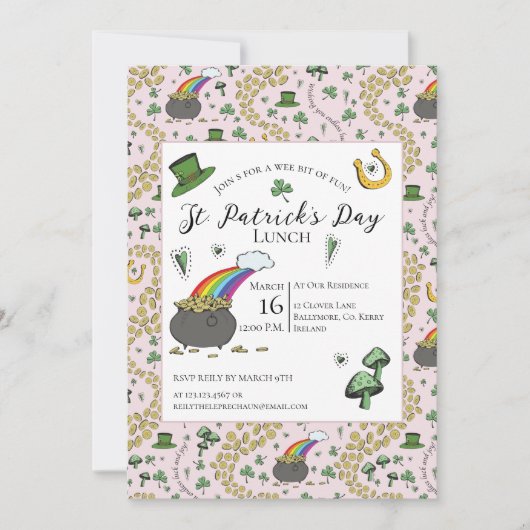 ピンクアンドグリーンSt patricks dayポット金ゴールドランチ 招待状 (正面)