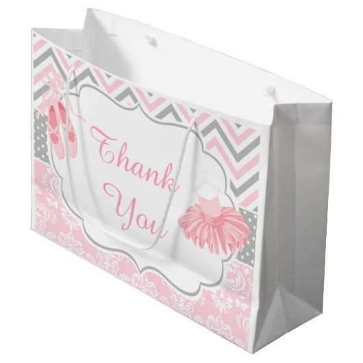 ピンクアンドグレーシェブロンバレリーナ誕生日 サンキュー ラージペーパーバッグ (正面アングル)
