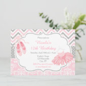 ピンクアンドグレーシェブロンバレリーナ誕生日 招待状 (スタンド正面)