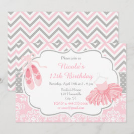 ピンクアンドグレーシェブロンバレリーナ誕生日 招待状