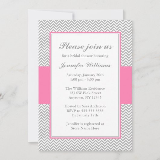 ピンクアンドグレーシェブロンブライダルシャワー 招待状 (正面)