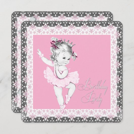 ピンクアンドグレーバレリーナバースデーパーティ招待状 招待状 (正面/裏面)
