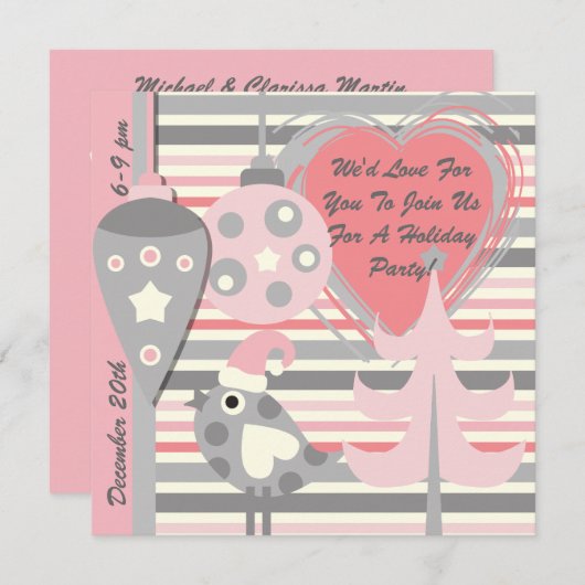 ピンクアンドグレーバードストライプホリデーパーティー招待状 招待状 (正面/裏面)