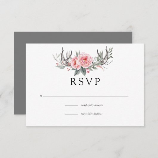 ピンクアンドグレーボホ結婚フローラ 出欠カード (正面/裏面)