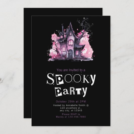 ピンクアンドグレー幽霊のよく出るハウスハローウィンパーティ 招待状 (正面/裏面)