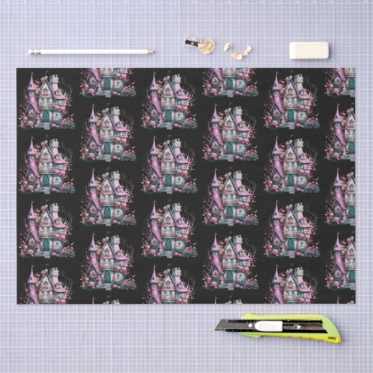ピンクアンドグレー幽霊のよく出るハウスパターンハロウィーン 薄葉紙 (クラフト)