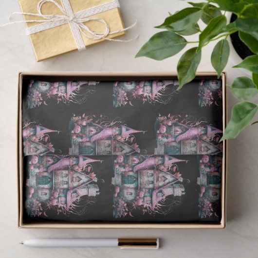 ピンクアンドグレー幽霊のよく出るハウスパターンハロウィーン 薄葉紙 (ギフト)