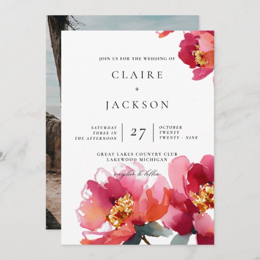 ピンクアンドコーラルプニーモダン結婚式招待状 招待状 (正面/裏面)