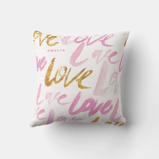 ピンクアンドゴールドフェイクフォイルラブタイポグラフィカスタム クッション (裏面)