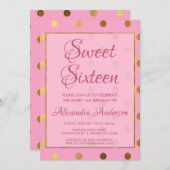 ピンクアンドゴールドフォイルポールドットスウィート16誕生日 招待状 (正面/裏面)