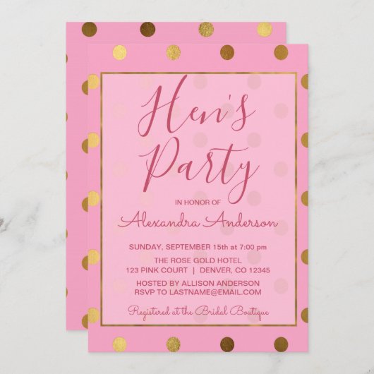 ピンクアンドゴールドフォイル水玉模様ヘンズパーティー 招待状 (正面/裏面)