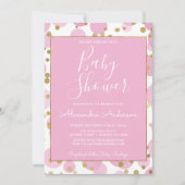 ピンクアンドゴールドフォイル紙吹雪ガールズベビーシャワー 招待状 (正面)