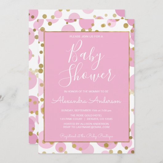 ピンクアンドゴールドフォイル紙吹雪ガールズベビーシャワー 招待状 (正面/裏面)