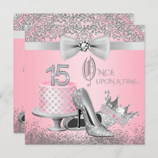 ピンクアンドシルバーキンセアニェラ誕生日パーティー 招待状 (正面/裏面)