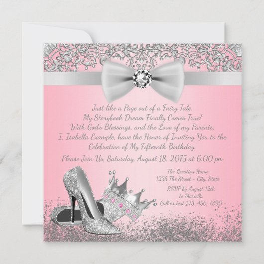 ピンクアンドシルバーキンセアニェラ誕生日パーティー 招待状 (裏面)