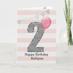 ピンクアンドシルバーグリッター2nd Birthday Girl カード