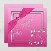 ピンクアンドシルバーフローラバルミツワー招待状 招待状 (正面/裏面)
