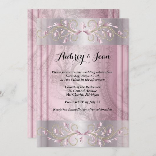 ピンクアンドシルバー結婚式招待状 招待状 (正面/裏面)