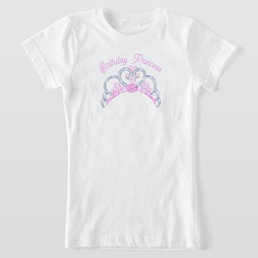 ピンクアンドシルバー誕生日プリンセスティアラ Tシャツ (レイダウン)