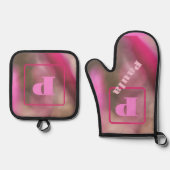 ピンクアンドタウペ迷彩柄抽象芸術シックモノグラムの 鍋つかみ&鍋敷きセット (正面)