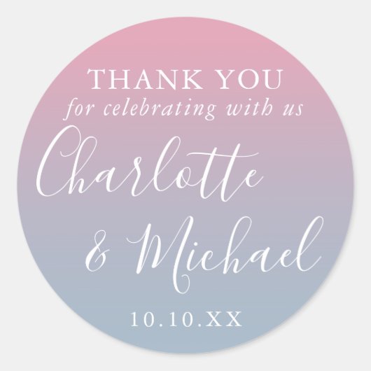 ピンクアンドダスティブルーグラデーション結婚式の引き出物ありがとう ラウンドシール (正面)