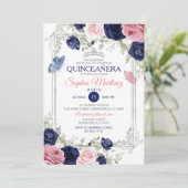 ピンクアンドネイビーブルーフローラバタフライキンセアニラ 招待状 (スタンド正面)