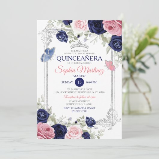 ピンクアンドネイビーブルーフローラバタフライキンセアニラ 招待状 (スタンド正面)